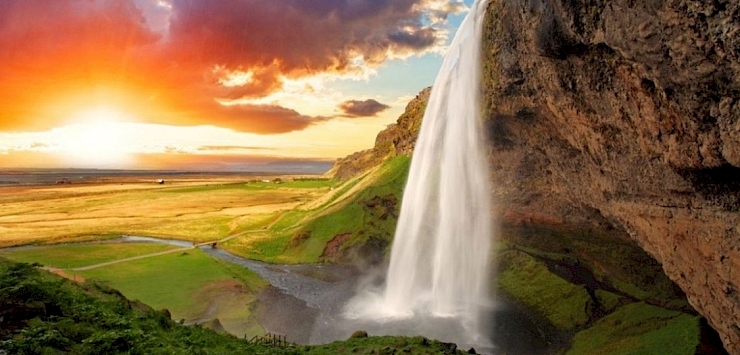 Waterfall and sunset in Iceland