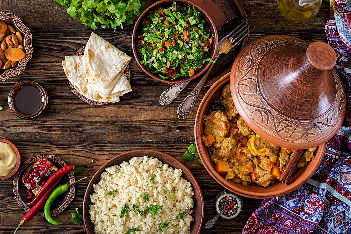 A bird’s eye view of traditional Morocco food in a tagine