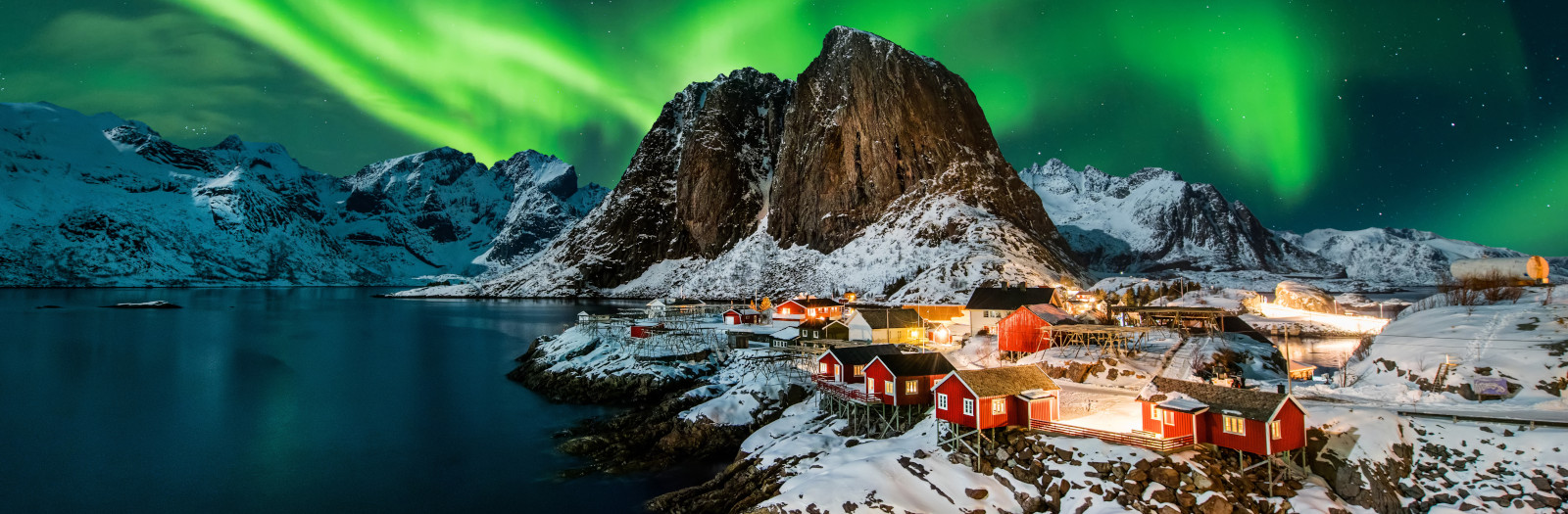 The Northern Lights over the Norwegian town of Hamnoy