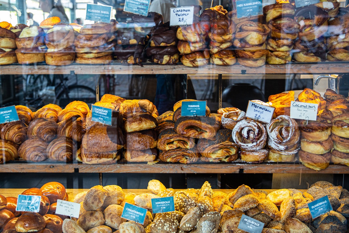 Fresh, Danish pastries in a store window